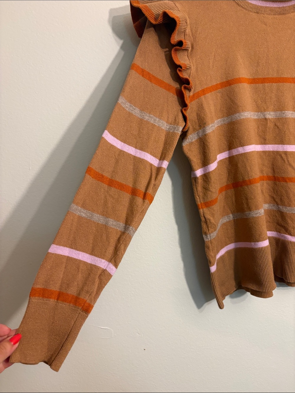 THML Tan Striped Ruffle-Shoulder Sweater - Picture 2 of 9